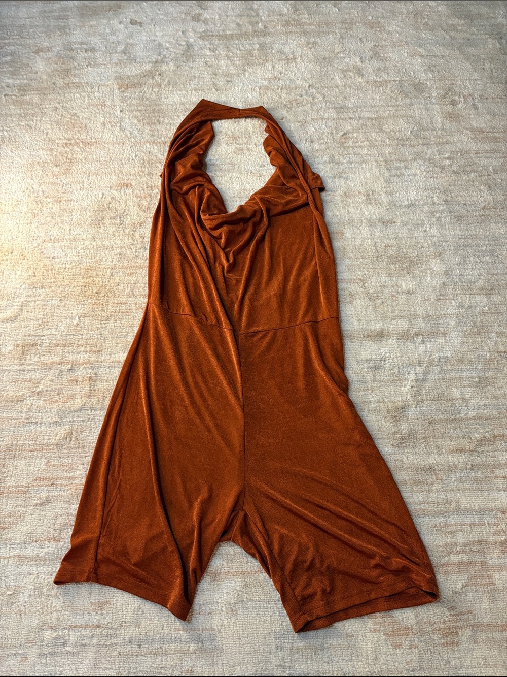 SHEIN Rust Halter Draped Jumpsuit Romper with an Open Back